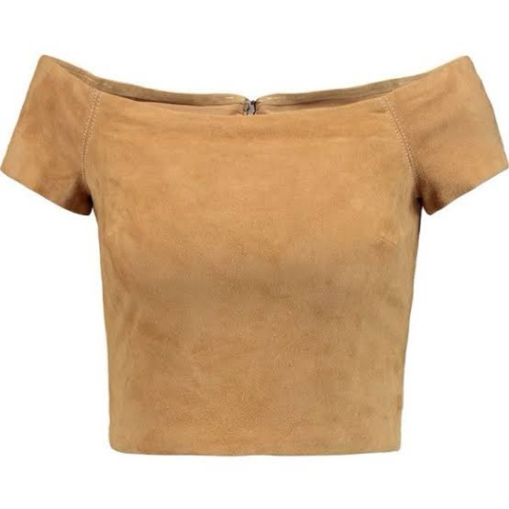 NWT Alice + Olivia Gracelyn Suede Off The Shoulder Top Tan